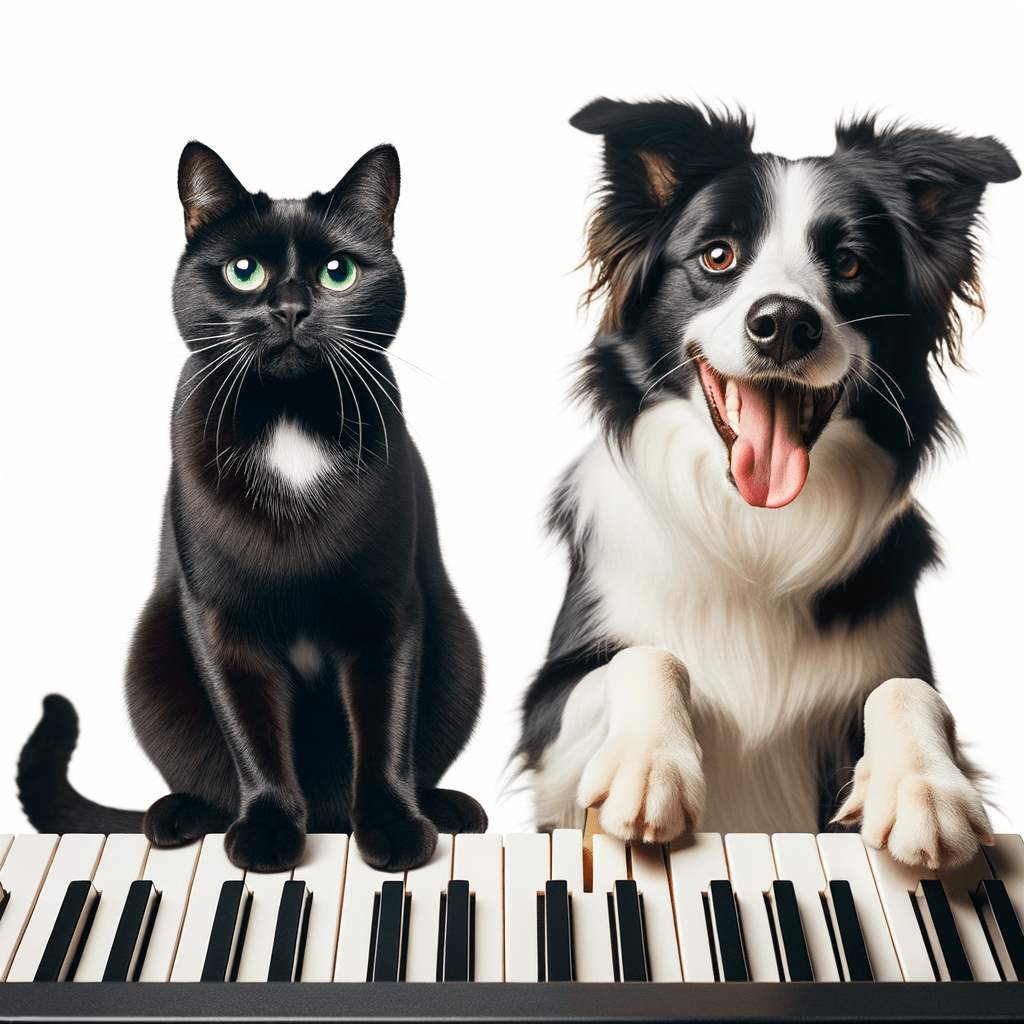 Katze und Hund die Klavier spielen.
