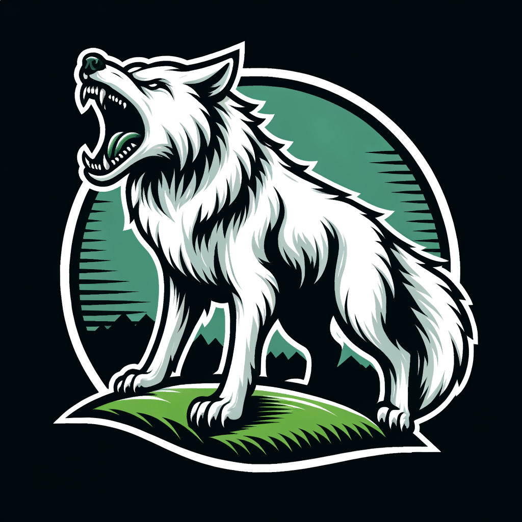Weißer Zähnefletschender Wolf auf einem grünen Hügel. Schwarzer Hintergrund.