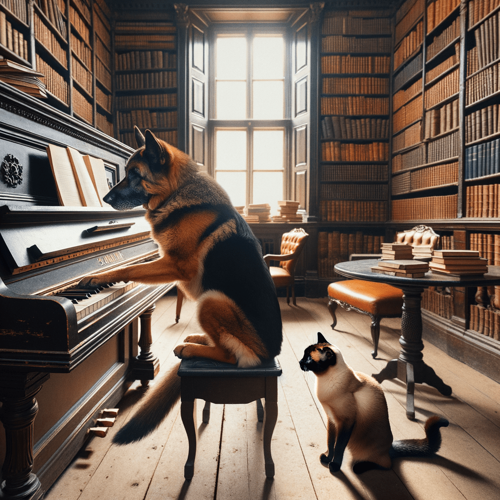 Katze und Hund die in einer Bibliothek, Klavier spielen.
