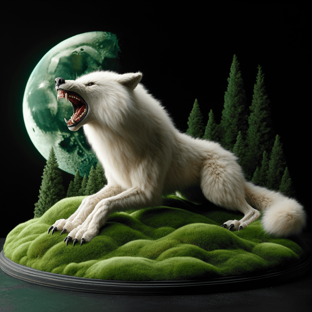 Weißer zähnefletschender Wolf, lebensecht, auf einem grünen Hügel. Schwarzer Hintergrund.