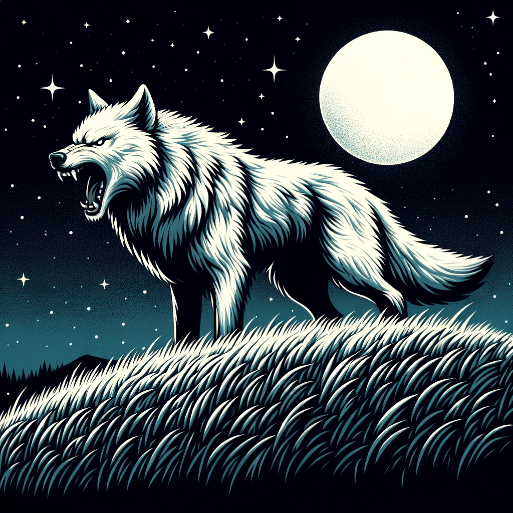 Weißer Wolf auf Hügel mit Wiese. Zähnefletschend, grimmig. Hintergrund, schwarze sternenklare Nacht mit Vollmond im rechten Eck.